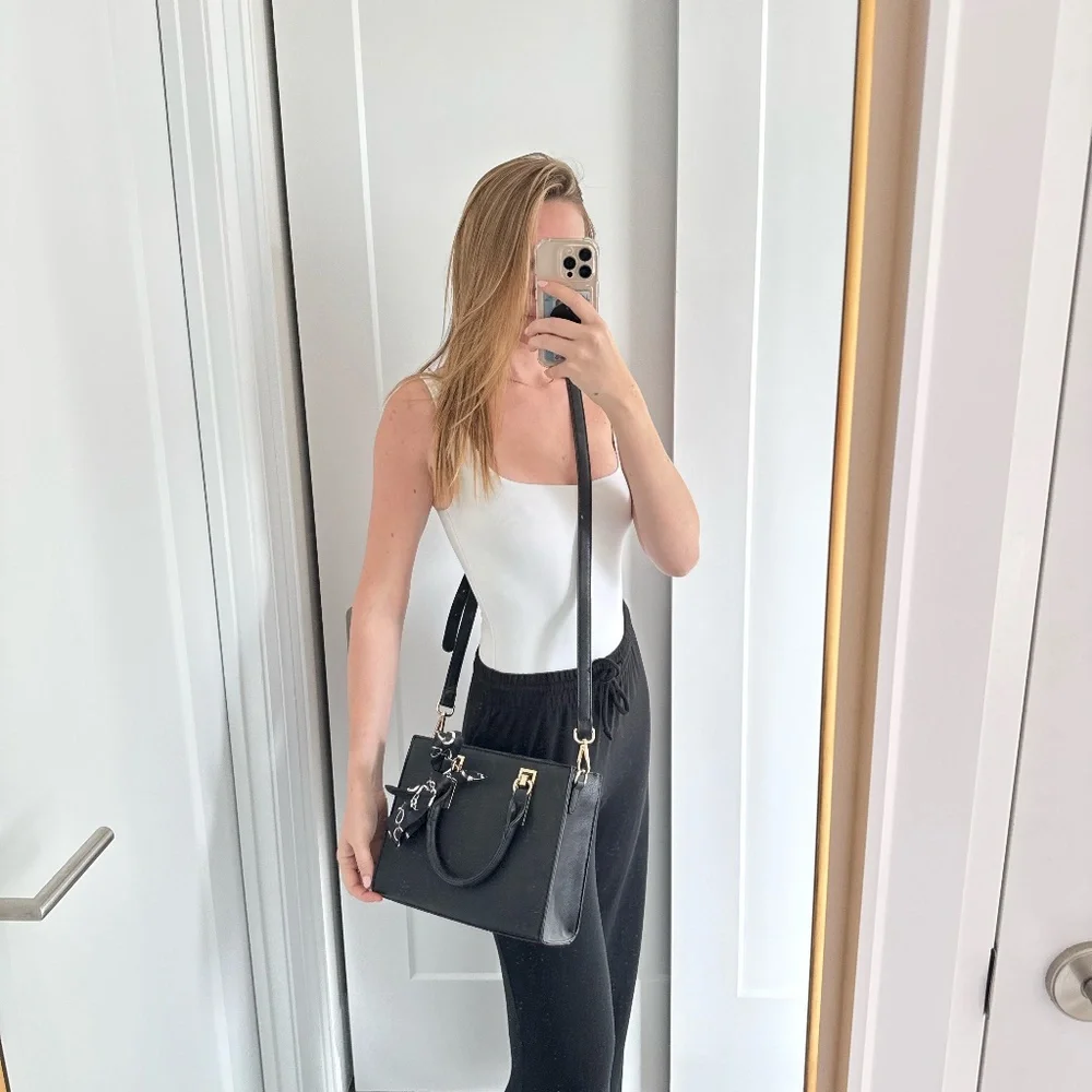 Black Structured Top Handle Crossbody Purse Faux Leather Basic Purse Everyday - Picture 2 of 13